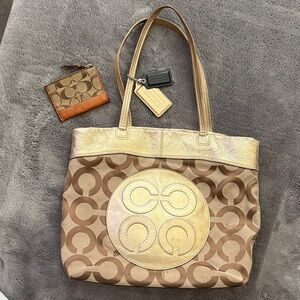 Authentic Coach Signature Gold and Tan Tote and Wallet Bundle